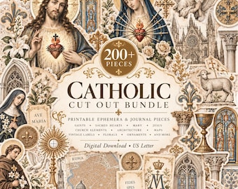May include: A Catholic cut out bundle featuring over 200 printable ephemera and journal pieces. The collection includes images of Jesus, Mary, saints, sacred hearts, church architecture, stained glass, maps, and floral ornaments in a vintage style.
