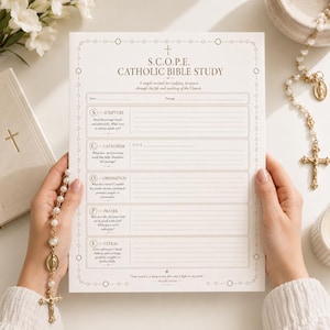 May include: A white paper sheet titled S.C.O.P.E. CATHOLIC BIBLE STUDY with sections for Scripture, Catechism, Observation, Prayer, and Extras. The document features a decorative border, a cross icon, and lines for writing dates and passages.