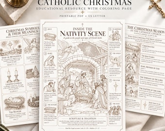 May include: A 5-page Catholic Christmas educational bundle printable PDF in US Letter size. The pages feature line art illustrations of the Nativity scene, Christmas symbols, and the Christmas season with descriptive text and scripture references.