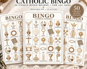 May include: A 100-page Catholic Bingo bundle featuring 50 unique bingo boards with illustrations of religious symbols like a dove, anchor, chalice, and crucifix. The printable PDF set includes calling cards, meaning cards, and a marker sheet.