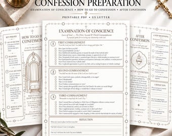 May include: A 7-page printable PDF bundle for confession preparation on US letter paper. The document features an examination of conscience, guides on how to go to confession, and after-confession reflections with text in black on a white background.