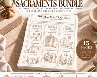 May include: A stack of educational papers titled Catholic Sacraments Bundle, featuring illustrations of the seven sacraments including Baptism, Confirmation, Eucharist, Reconciliation, Anointing of the Sick, Holy Orders, and Matrimony, with 15 pages total.