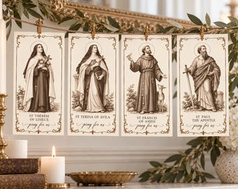 May include: Four rectangular cards featuring sepia-toned illustrations of saints. The cards depict St. Thérèse of Lisieux, St. Teresa of Ávila, St. Francis of Assisi, and St. Paul the Apostle, each with their name and the text pray for us.