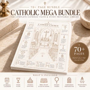 Peut inclure: Un ensemble de plus de 70 pages de documents catholiques imprimables au format PDF. La feuille supérieure présente un dessin au trait détaillé intitulé Inside a Catholic Church avec des étiquettes numérotées pour les espaces sacrés.