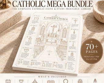 May include: A 70+ page Catholic mega bundle printable PDF library on US letter paper. The top sheet features a detailed line drawing titled Inside a Catholic Church with numbered labels for sacred spaces and symbols, plus a list of included items.