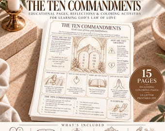 May include: A stack of educational pages titled The Ten Commandments, featuring text, illustrations of stone tablets, a heart, and praying hands. The pages include sections on God's law, reflections, and coloring activities in a 15-page printable PDF format.