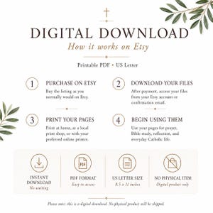 May include: An instructional graphic for a digital download on Etsy. It outlines four steps: purchase, download, print, and use. It specifies a US Letter size of 8.5 x 11 inches, PDF format, and confirms that no physical item will be shipped.