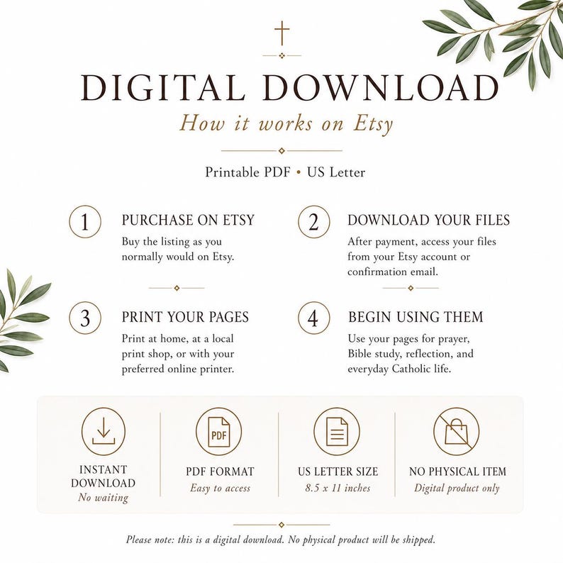 May include: An instructional graphic for a digital download on Etsy. It outlines four steps: purchase, download, print, and use. It specifies a US Letter size of 8.5 x 11 inches, PDF format, and confirms that no physical item will be shipped.