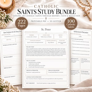 Pode incluir: Um conjunto de arquivos PDF imprimíveis Catholic Saints Study Bundle com 222 páginas e 100 santos. O documento inclui seções sobre São Pedro, histórias de vida, reflexões e perguntas de discussão para estudo.