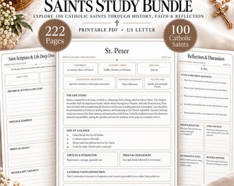 May include: A Catholic Saints Study Bundle printable PDF set featuring 222 pages and 100 saints. The document includes sections for St. Peter, life stories, reflection, and discussion questions, all formatted for US Letter size paper.