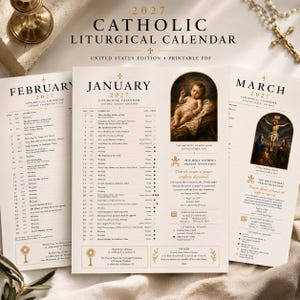 May include: A 2027 Catholic Liturgical Calendar United States Edition printable PDF featuring three pages for February, January, and March. Each page displays a monthly list of dates, liturgical celebrations, religious artwork, and prayer intentions.
