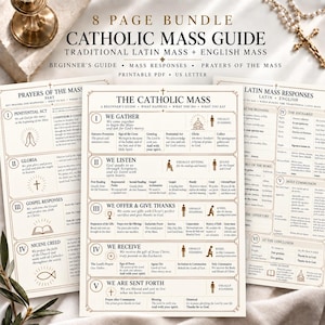 May include: An 8-page Catholic Mass guide bundle featuring a traditional Latin and English Mass printable PDF in US letter size. The documents include a beginner's guide, Mass responses, and prayers of the Mass with clear headings and icons.