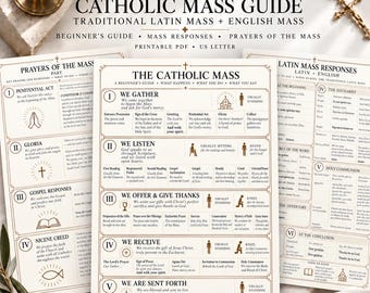 May include: An 8-page Catholic Mass guide bundle featuring a traditional Latin and English Mass printable PDF in US letter size. The documents include a beginner's guide, Mass responses, and prayers of the Mass with clear headings and icons.