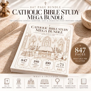 May include: A Catholic Bible Study Mega Bundle printable collection featuring 847 pages, 190 Bible characters, 100 saints, and 73 Bible books. The cover displays an illustration of an altar with an open book, quill, and religious figures.