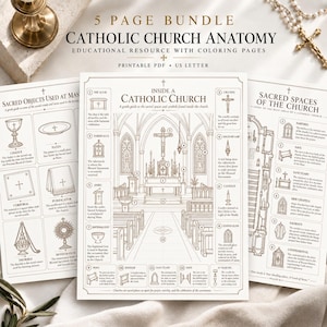May include: A 5-page printable PDF bundle titled Catholic Church Anatomy, featuring educational coloring pages with line drawings of sacred objects, church interiors, and spaces, all labeled with descriptive text in English.