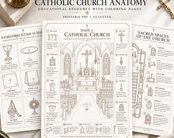 May include: A 5-page printable PDF bundle titled Catholic Church Anatomy, featuring educational coloring pages with line drawings of sacred objects, church interiors, and spaces, all labeled with descriptive text in English.