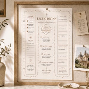 May include: A cream-colored paper print titled Lectio Divina featuring a structured guide for scripture reading with sections for preparation, reflection, and prayer. The design includes a central open book icon, numbered steps, and lined spaces for writing, all framed by a decorative border with small circles.