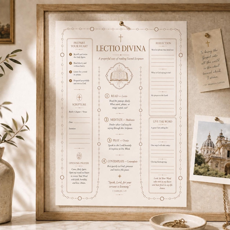 May include: A cream-colored paper print titled Lectio Divina featuring a structured guide for scripture reading with sections for preparation, reflection, and prayer. The design includes a central open book icon, numbered steps, and lined spaces for writing, all framed by a decorative border with small circles.