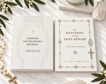May include: Two white hardcover books titled Catholic Lectio Divina Journal and The Mysteries of the Holy Rosary. The journals feature gold-toned text and line art designs, including a cross and rosary beads, presented with a gold crucifix rosary.