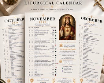 May include: A Q4 2026 Catholic Liturgical Calendar printable PDF for the United States, featuring pages for October, November, and December. The November page displays a central image of Jesus Christ, a list of daily celebrations, and prayer intentions.