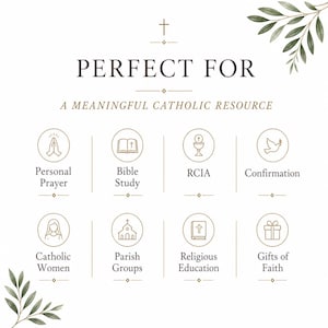 May include: A white informational graphic featuring the text PERFECT FOR A MEANINGFUL CATHOLIC RESOURCE. It includes eight circular icons representing Personal Prayer, Bible Study, RCIA, Confirmation, Catholic Women, Parish Groups, Religious Education, and Gifts of Faith, accented by green leaf illustrations in the corners.