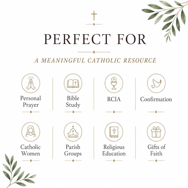 May include: A white informational graphic featuring the text PERFECT FOR A MEANINGFUL CATHOLIC RESOURCE. It includes eight circular icons representing Personal Prayer, Bible Study, RCIA, Confirmation, Catholic Women, Parish Groups, Religious Education, and Gifts of Faith, accented by green leaf illustrations in the corners.