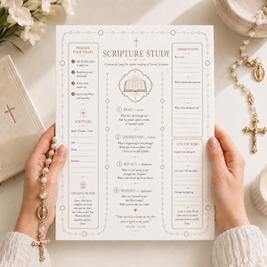 May include: A white paper scripture study worksheet with brown text and line graphics. The layout includes sections for preparing the heart, reading, understanding, reflecting, and responding to scripture, with a central open book illustration.