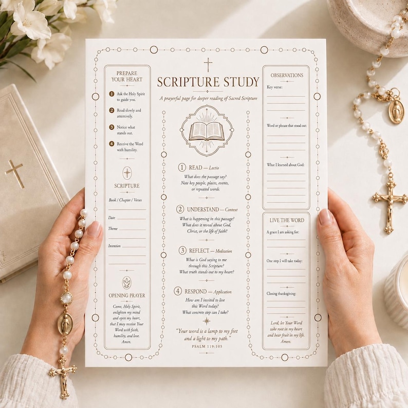 May include: A white paper scripture study worksheet with brown text and line graphics. The layout includes sections for preparing the heart, reading, understanding, reflecting, and responding to scripture, with a central open book illustration.