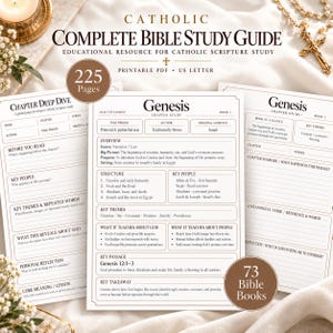 Puede incluir: Una guía de estudio bíblico católico completa en formato PDF imprimible en papel US Letter. Las páginas presentan secciones estructuradas para el estudio del capítulo de Génesis, incluyendo resumen, estructura, personajes clave, temas y reflexiones.