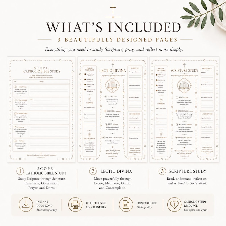 May include: Three printable pages for Catholic Bible study, including S.C.O.P.E., Lectio Divina, and Scripture Study templates. Each page features structured sections for reflection, prayer, and notes, with a clean, beige and black design.
