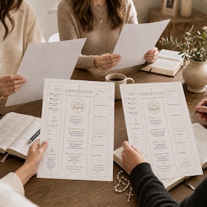 May include: Two identical white paper scripture study worksheets with black text and line graphics. Each sheet features sections titled Scripture Study, Prepare Your Heart, Read, Understand, Reflect, Respond, and Live the Word, with blank lines for writing.