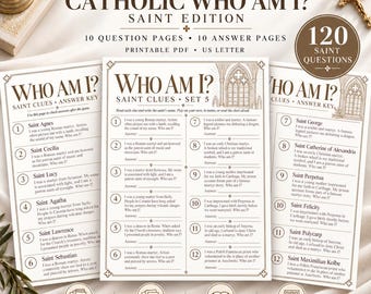 May include: A 20-page printable PDF bundle titled Catholic Who Am I? Saint Edition, featuring 10 question pages and 10 answer pages with 120 saint questions. The pages include numbered clues about various saints, formatted for US letter size.