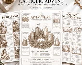 May include: A 5-page Catholic Advent educational bundle featuring printable PDF coloring pages. The sheets include illustrations of the Advent wreath, candles, and figures like Isaiah and Mary, with descriptive text in English on US Letter size paper.