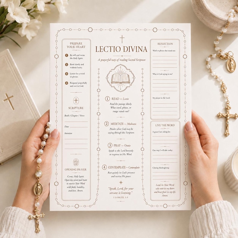 May include: A white paper guide for Lectio Divina featuring brown text and line art. The layout includes sections for Prepare Your Heart, Scripture, Reflection, and Live the Word, with instructions for reading, meditating, praying, and contemplating.