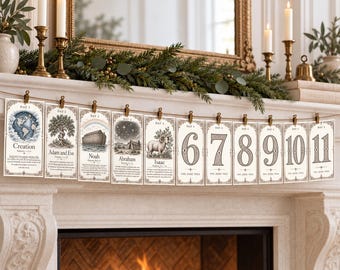 May include: A Jesse Tree advent banner featuring eleven rectangular cards clipped to a string. The cards display illustrations and text for days one through eleven, including scenes of Creation, Adam and Eve, Noah, Abraham, and Isaac, followed by numbered cards.
