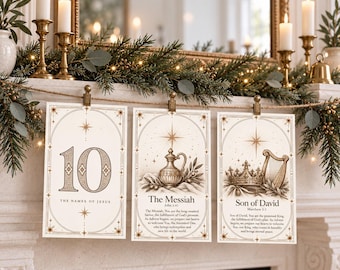May include: Three rectangular cream-colored cards hanging from a twine string. The cards feature brown ink illustrations and text, including the number 10, The Messiah, and Son of David, with decorative star motifs and religious imagery like a pitcher, crown, and harp.