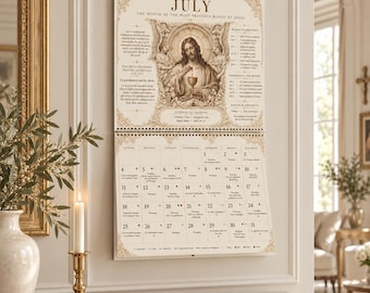 May include: A 2027 wall calendar for the month of July, titled The Month of the Most Precious Blood of Jesus. The top section features an illustration of Jesus with a chalice, flanked by angels, while the bottom section displays a grid calendar.