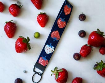 Lanyard | Handmade Cotton Fabric Key Fob | Wristlet Keychain | Stylish & Practical Gift | strawberry