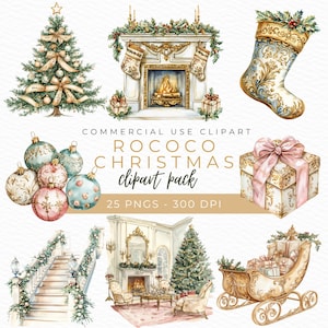 Puede incluir: Ilustraciones en acuarela de decoraciones navideñas rococó. La imagen incluye un árbol de Navidad, una chimenea, adornos, cajas de regalo, un calcetín, una escalera y un trineo. El texto dice "Rococo Christmas clipart pack".