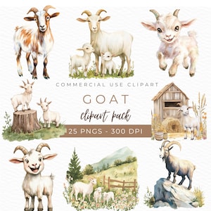 Goat Clipart, Watercolor PNG, Cute Farm Animal Illustration, Baby Goat Graphics, Funny Goat Art, Cartoon Farm Decor, Instant Download
