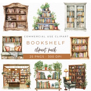 Bücherregal Clipart, Aquarell PNG, druckbare Bücherregal, Bücherregal Illustration, gemütliche Lese Grafiken, Blumenregal Design, sofort Download