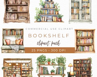 Bookshelf Clipart, Watercolor PNG, Bookshelf Printable, Bookcase Illustration, Cozy Reading Graphics, Floral Shelf Design, Instant Download