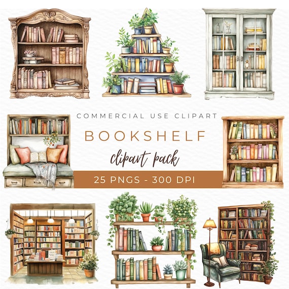 Bookshelf Clipart, Watercolor PNG, Bookshelf Printable, Bookcase Illustration, Cozy Reading Graphics, Floral Shelf Design, Instant Download