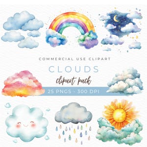 Puede incluir: Un conjunto de 25 imágenes de clipart de acuarela de nubes en varias formas y colores, incluyendo un arcoíris, un sol, una luna y lluvia. El clipart es perfecto para agregar un toque de fantasía a tus diseños.