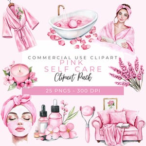 Conjunto de imágenes prediseñadas de cuidado personal en acuarela rosa, gráficos de bienestar femenino, ilustraciones para días de spa, elementos de relajación, arte digital de belleza
