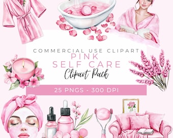 Watercolor Pink Self-Care Clipart Set, Feminine Wellness Graphics, Spa Day Illustrations, Relaxation Elements, Beauty Digital Art