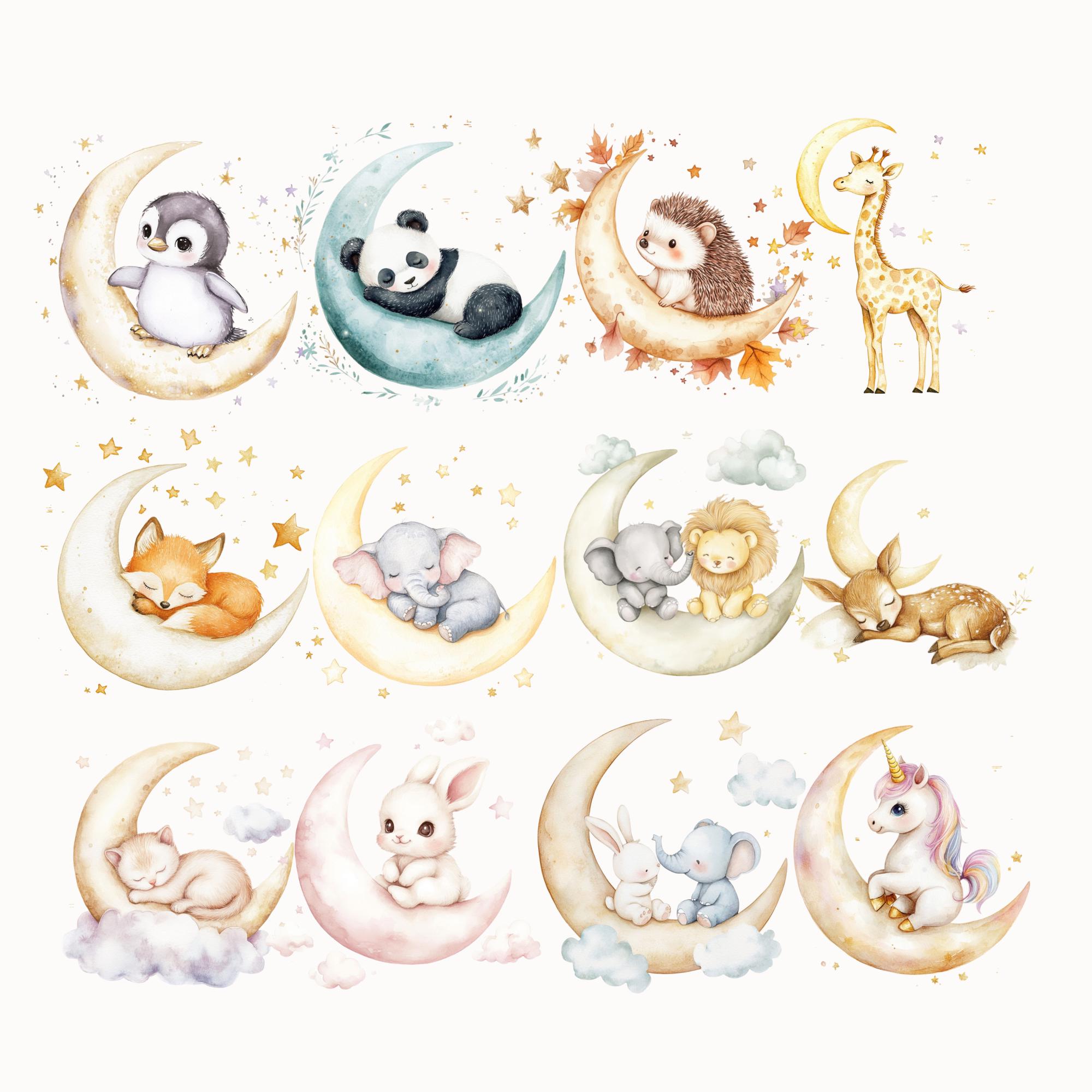 Baby Animal With Moon Clipart, Watercolor Nursery Decor, Cute Woodland ...