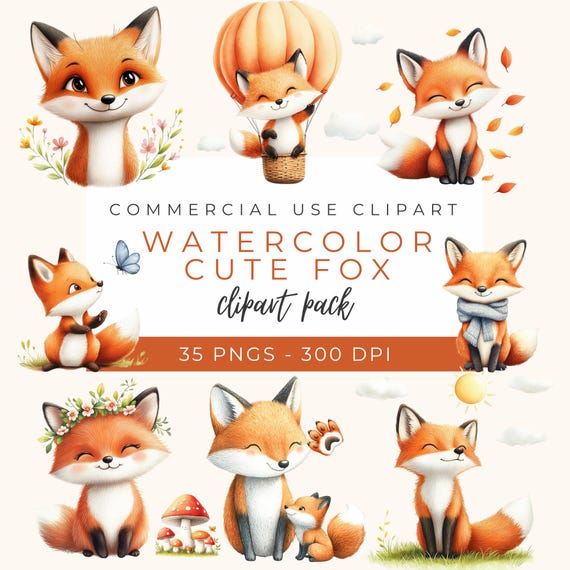 Watercolor Cute Fox Clipart Pack, Adorable Fox Illustrations, Woodland Animal Graphics, Nursery Decor Art, Baby Shower Elements