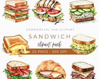 Clipart kanapki, akwarela PNG, sztuka kanapki, zabawna ilustracja jedzenia, grafika delikatesowa, projekt dekoracji lunchu, natychmiastowe pobieranie