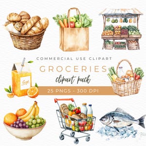 Lebensmittel Clipart, Einkaufstasche PNG, Marktgrafik, Brot und Gemüsekunst, Pantry Clipart, Instant Download